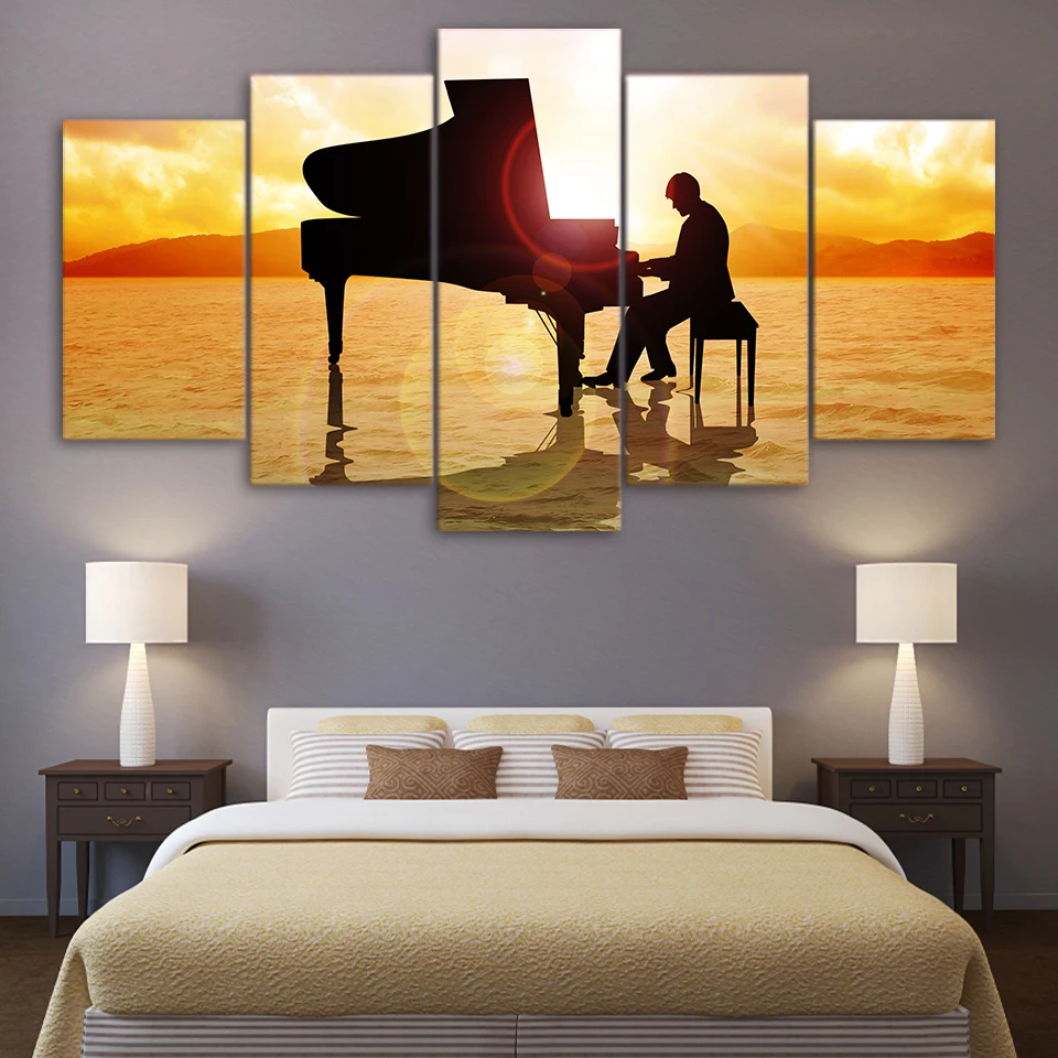 

Canvas Printed Poster Home Decor 5 Pieces Prince Plays Music Piano In Sunset Beach Sea Painting Modular Wall Art Pictures Frame
