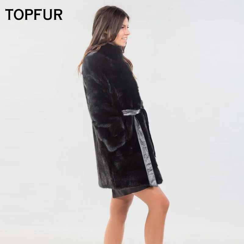 TOPFUR новинка 2019 настоящая норковая шуба женская черная средней длины с лентами