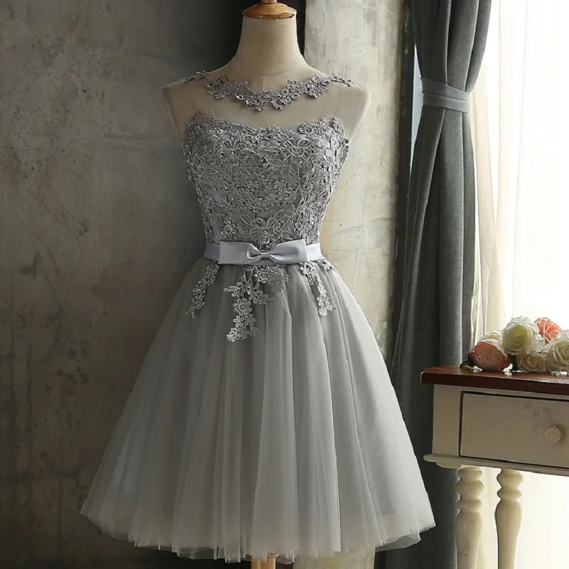 Lace up Gray Tulle Lace Sleeveless Party Dress A-Line Formal Wedding Party Dresses Gowns Gray/Champagne/Pink lace dress Vestidos