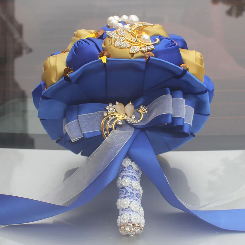 Wifelai-золото с яркими блестками Шелковый Свадебный букет насыщенного ярко-синего цвета лентой букеты de noiva ручная работа из атласа букет несколько Цвет W227