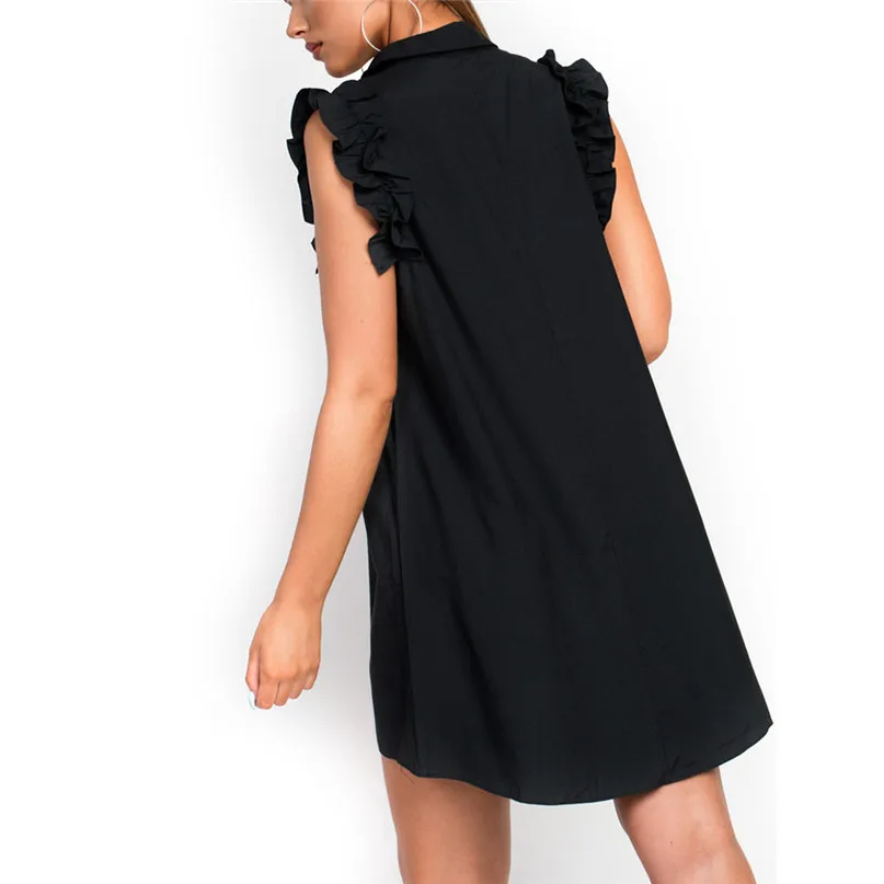 2018 Summer A-Line dress Women Beach Dress V-Neck Solid Chiffon Sleeveless Button Short Mini Dress Casual Ruffles #3j03#F (8)