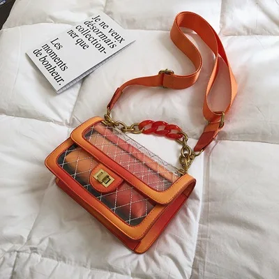 Прозрачная женская сумка из ПВХ кожи, однотонная цветная сумка-мессенджер, винтажная женская сумка на плечо с цепочкой, высокая сумка, сумочка, сумочка, 533 - Цвет: orange
