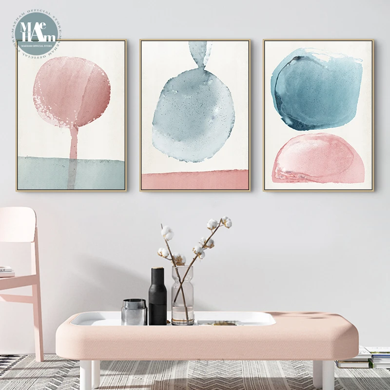 Nordic Abstract Geometric Watercolor Block Blue Pink Wall Art Canvas Poster And Print Canvas For Living Room Morden Home Decor|Painting & Calligraphy| - Aliexpress
