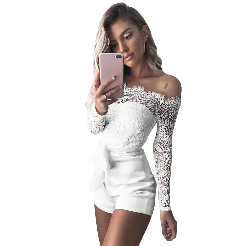 Sexy Women Solid Floral Lace Rompers Off Shoulder Scalloped Eyelash ...