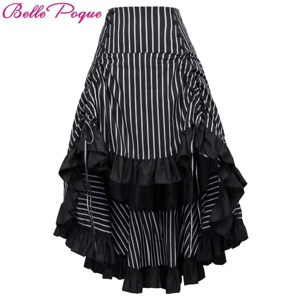 

Belle Poque Steampunk Skirt Summer Autumn Women Sexy Striped Irregular Ladies Long Ruffled Vintage Victorian Gothic Punk Skirts