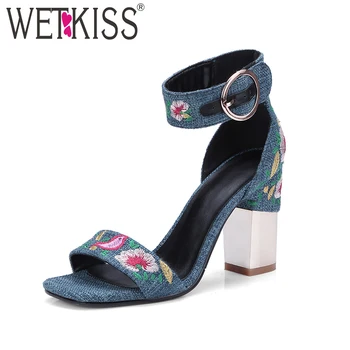 

WETKISS 2018 New Summer High Heels Sandals Women Open Toe Denim Embroider Footwear Ankle Strap Retro Female Shoes Big Size 43
