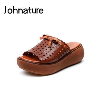

Johnature Genuine Leather Casual Summer Platform Slippers Solid Outside Sewing Slides Flat With Hollow Sandals Women Shoes