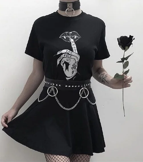 

kuakuayu-JBH Shut The F**k Up Women Gothic Grunge Black T-Shirt Aesthetic Witchcraft Tee