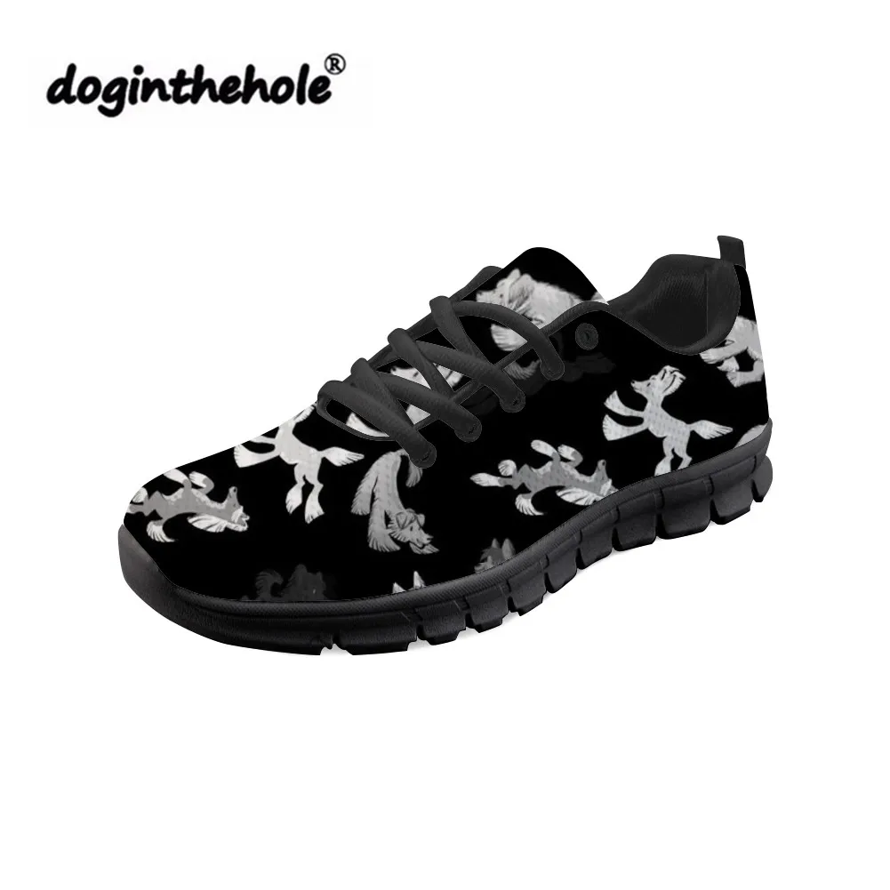 

doginthehole Shoes Women Chinese Crested Dog Printing Lace-up Flat Shoes Ladies Fashion Sneakers Females Breathable Mesh Flats