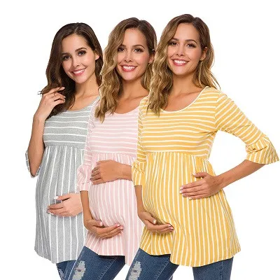 

3 Pack SAVE Pregnant Striped Peplum 3/4 Flare Sleeve Ruffles Maternity Clothes Loose Tunic Ultra Soft Pregnancy Clothing