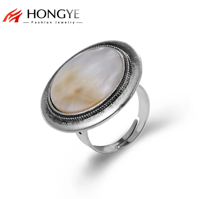 

HONGYE Trendy Classic Round Adjustable Ring Summer Boho Style White Cameo Shell Natural Stone Rings For Women Bohemian Jewelry