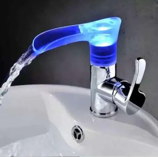 Bathroom basin Led Faucet.Water Power Basin led Mixer. Solid Brass Chrome plated led Waterfall Faucet.3 Colors Change Led Tap