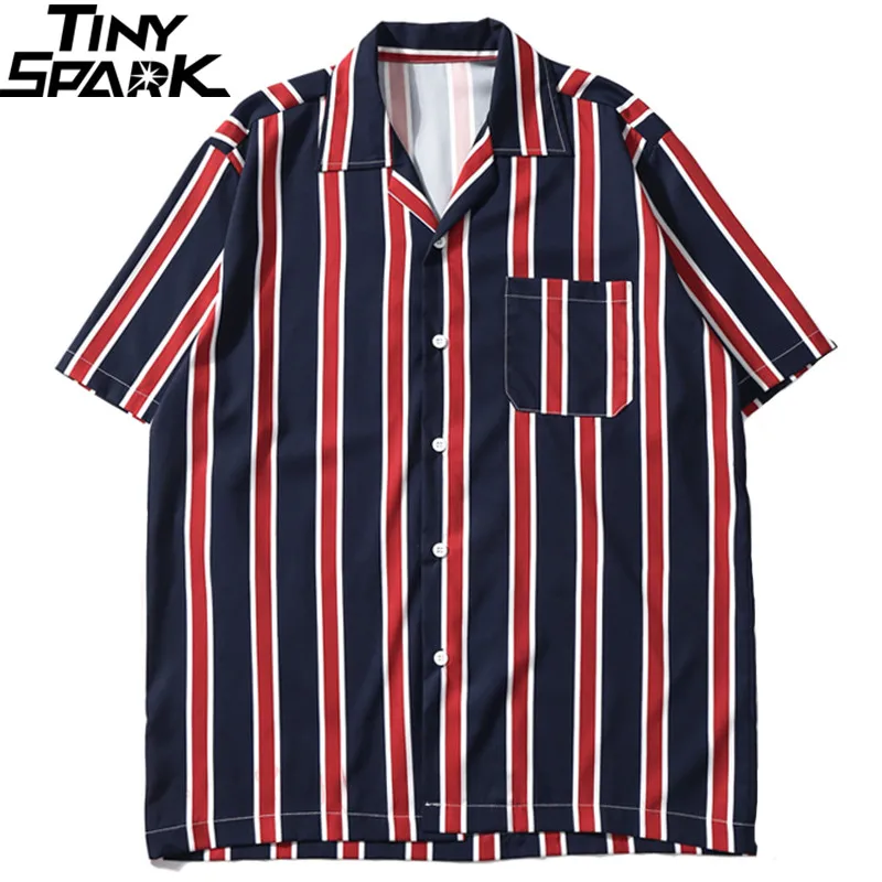 

Hip Hop Shirt Streetwear 2019 Summer Men Harajuku Beach Shirt Retro Vintage Casual Fashion Stripe Shirt Tops Short Sleeve Pocket