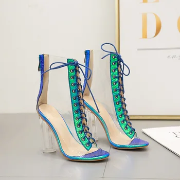 

Clear Chunky heels Women Ankle boots Summer Sandals Sexy PVC Transparent Gladiator Sandals Cross Strappy Peep Toe Shoes
