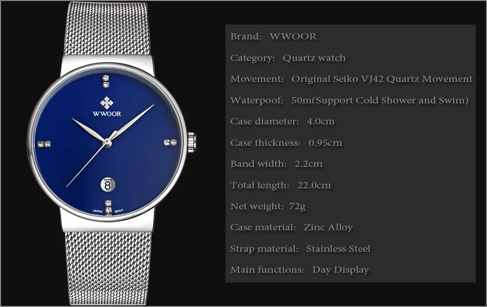 Мужские часы WWOOR из серебристой стали, брендовые Роскошные водонепроницаемые тонкие Аналоговые часы с датой, сетчатый ремешок, спортивные мужские кварцевые наручные часы, мужские синие
