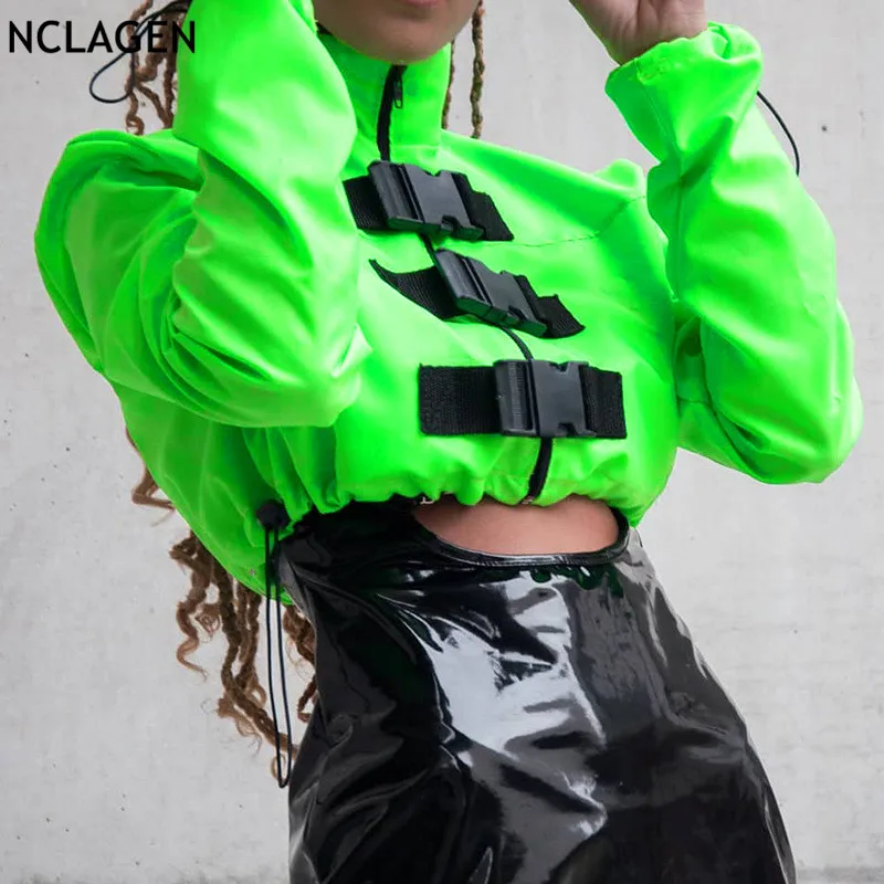 

NCLAGEN 2019 Autumn Cool Ladies Turtleneck Buckles Neon Green Coats Moto Biker Cropped Tops Jackets Women Drawstring Outerwear