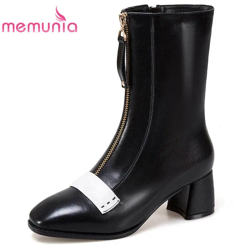 

MEMUNIA HOT SALE 2018 fashion zipper genuine leather boots square toe ankle boots for women thick high heels autumn female boots