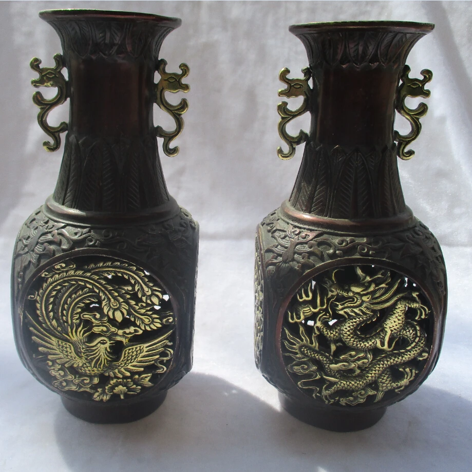 

1 Pair Of Chinese Red copper Gold gilt Openwork Carved Dragon and Phoenix Vase /Asian Antiques Tabletop Vase 00013