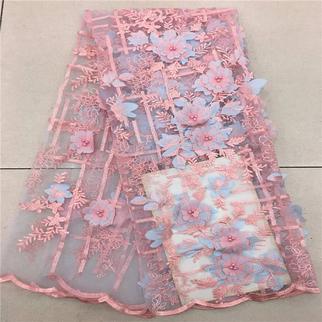

2018 High Quality African french tulle net lace fabric Pink New nigerian lace fabric for wedding dress beaded lace fabric