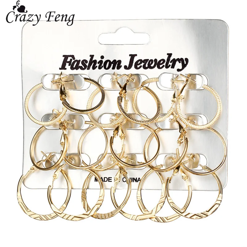 

Crazy Feng 9 Pairs/Set Fashion Gold Color Rock Punk Big Circle Hoop Earrings Set For Woman Party Ladies Round Earrings Jewelry