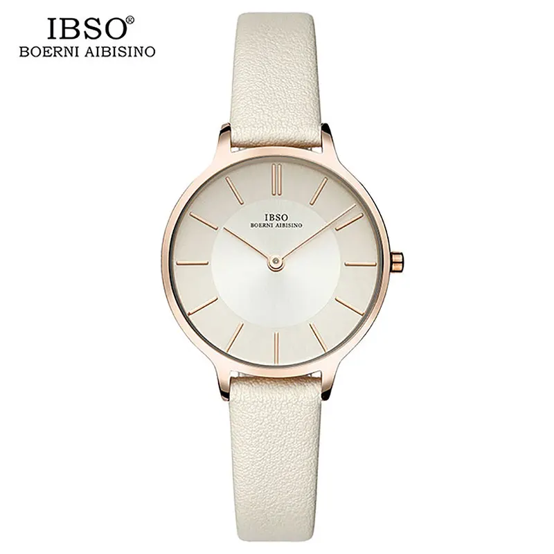IBSO женские роскошные часы 8 мм Ультра тонкие часы с ремешком из натуральной кожи кварцевые женские часы простые часы Montre Femme 6603 - Цвет: IBSO6603Whi