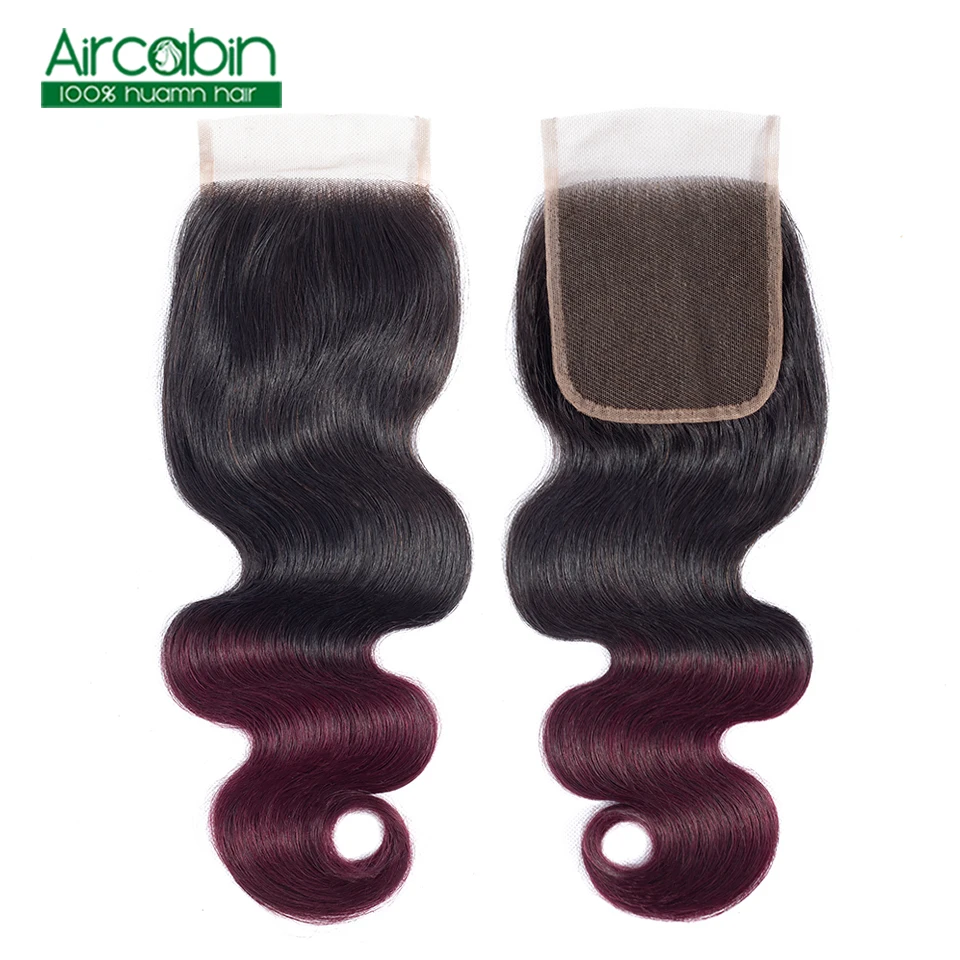 

Brazilian Body Weave 4X4 Lace Closure 100% Human Hair 1B 99J Free Middle Three Part Hair 8-18 Inch Aircabin Non Remy