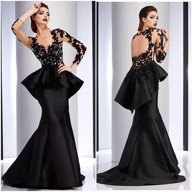 

Fashion mermaid black evening dresses 2016 sexy long sleeves appliques lace hollow women pageant gown formal