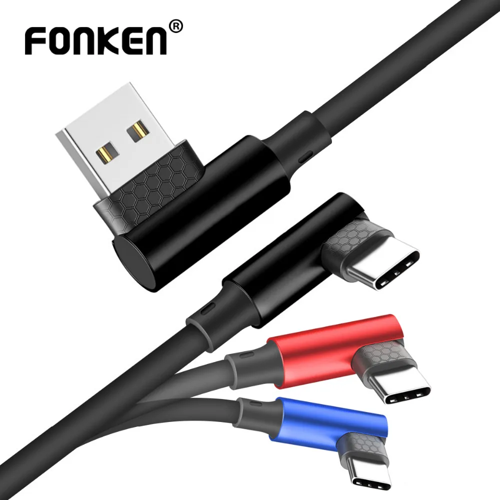 FONKEN usb type-C кабель 90 градусов, кабель для быстрой зарядки 2.4A, кабель для передачи данных, изогнутый, синхронизация, Реверсивный, для samsung Xiaomi USB-C