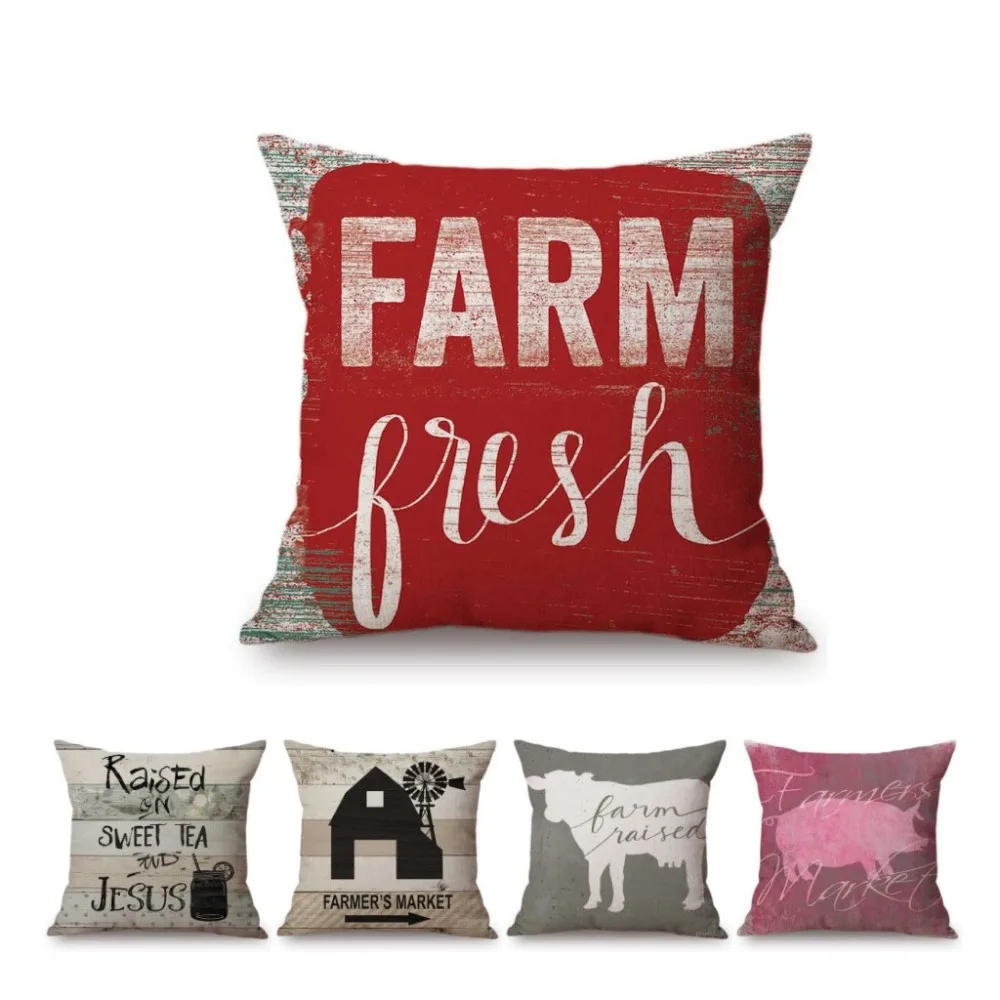 

18" Vintage Letters Print Farm Art Fresh Farmer Market Cow Pig Rooster Home Decorative Cushion Cover Retro Linen Car Pillow Case