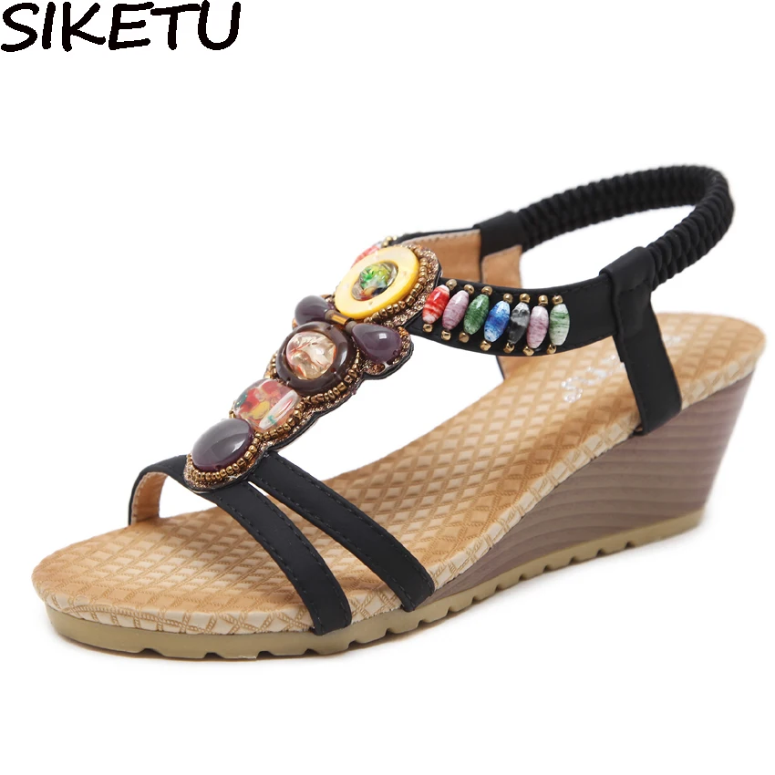 

SIKETU 2018 Wedge Heels Summer Beach Open Toe Bohemia Sandals String Bead Diamante Elastic Band Gladiator Shoes Plus SIZE 35-42
