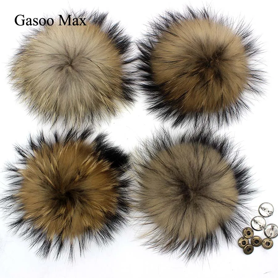 

DIY 15cm Top Quality Raccoon Fox Fur Pom Poms fur balls for Knitted Hat Cap Beanies Natural Color Pompoms with Snap buttons pins