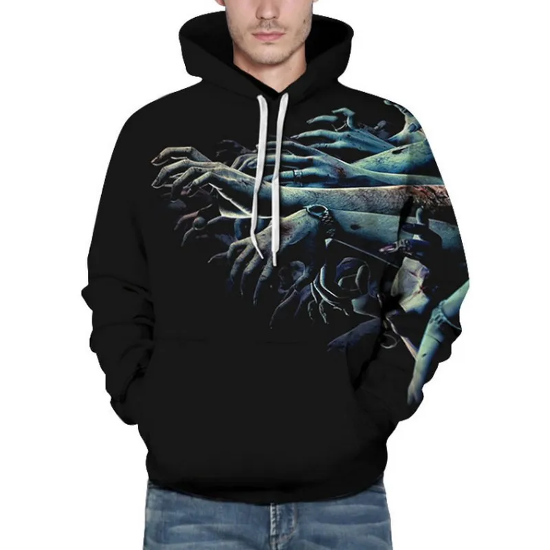 

EXOTAO Harajuku Men and Women Hooded Pullovers Horror Zombie Hands Printing Sweatshirts Casual Loose Moletom Halloween Shark