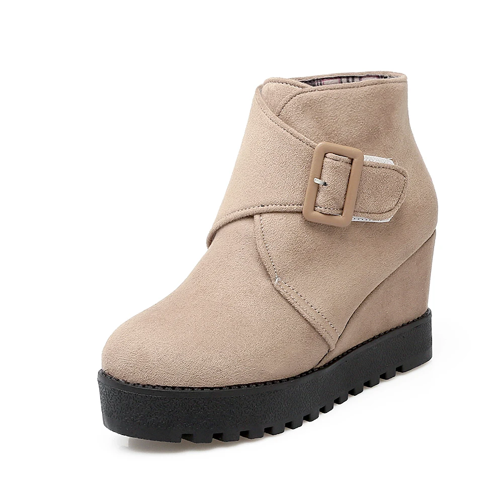 

Big size 33-43 New Spring autumn women boots Wedges platform solid Round Toe buckle ankle boots Black Beige red