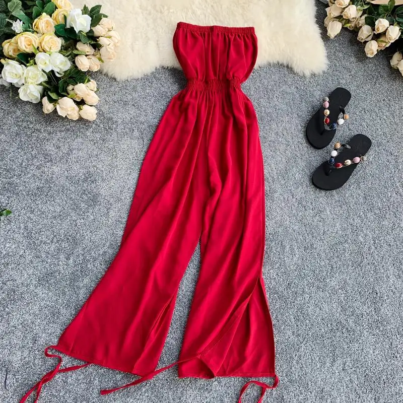

Summer Women Jumpsuits 2019 Sexy Ladies Strapless Floral Printing Wide Leg Chiffon Overalls Female Beach Streetwear Rompers