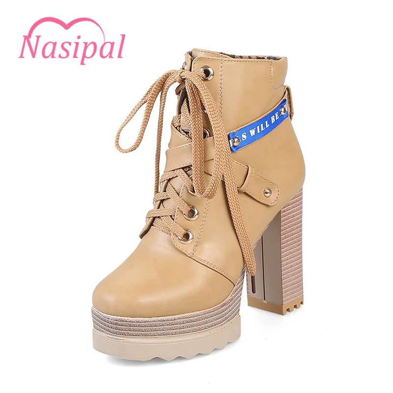 

Nasipal Women Ankle Boots 2017 Newest Fashion Autumn Winter High Heels Lace Up Leather Cross Buckle Platform Short Booties C143