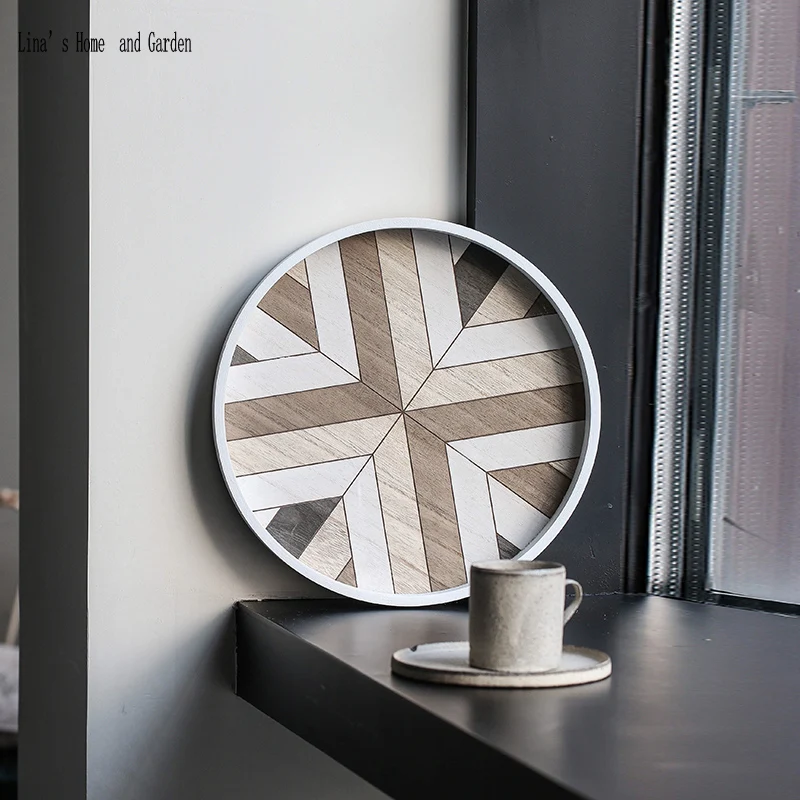 

handmade elegant European geometry round wooden serving trays