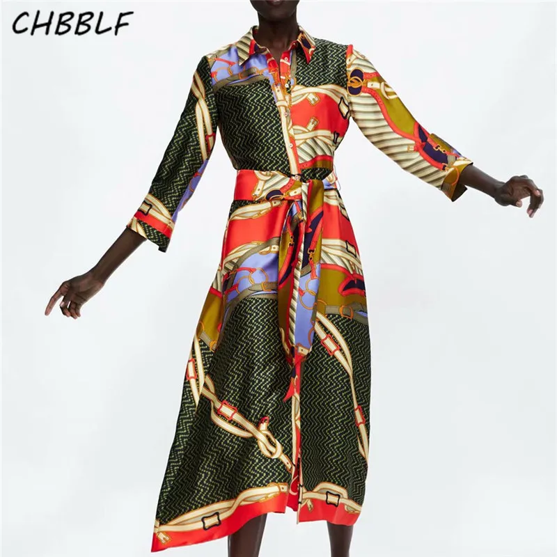 

CHBBLF women elegant patchwork print maxi dress bow tie sashes long sleeve pleated female long dresses vestido XDL1546