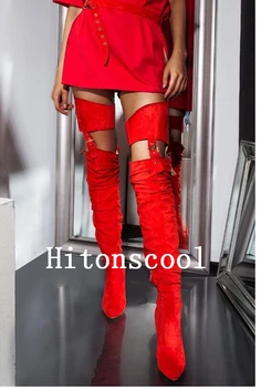 

Fashion Belted Thigh High Gtiletto Boots High Waist Over The Knee Boots Women Sexy Flock Popular trendy sapato feminino Shoes