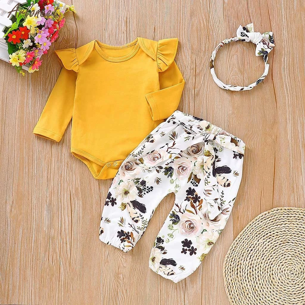 

Toddler Baby Girls Long Sleeves Romper Tops+Floral Pants+Headbands Set Outfits Kids Outfits Fashion Short 2019 NEW
