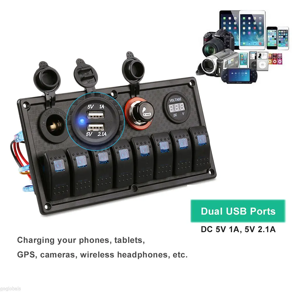 

Waterproof 8 Gang Rocker Switch Panel 12V/24V Breaker Voltmeter For Car Marine Boat M8617