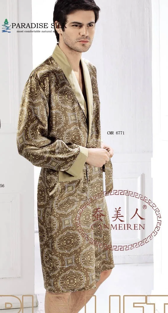 Мужской халат чистый шелк Экстра толстый 19 мм цветочный принт с длинным рукавом пижамы кимоно размер L XL XXL
