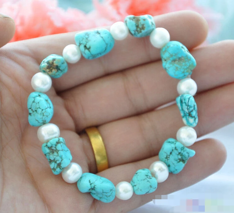 

0682 white round pearl blue turquoise bead bracelet
