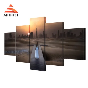 

Girl desert city posters HD print on canvas modern home quadros decorative wall art 5 panel canvas painting modular YS3195