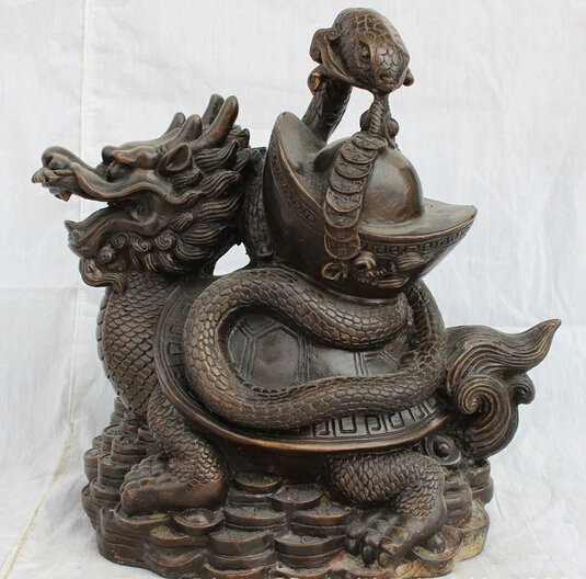 

wholesale factory 11" Chinese Bronze YuanBao Coin Tortoise Snake On Dragon Turtle Xuan Wu Statue