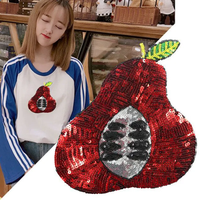 

5Pcs New Big pear Embroidery lace applique paillette fabric sweater clothes patch sequined stickers t-shirt diy decoration