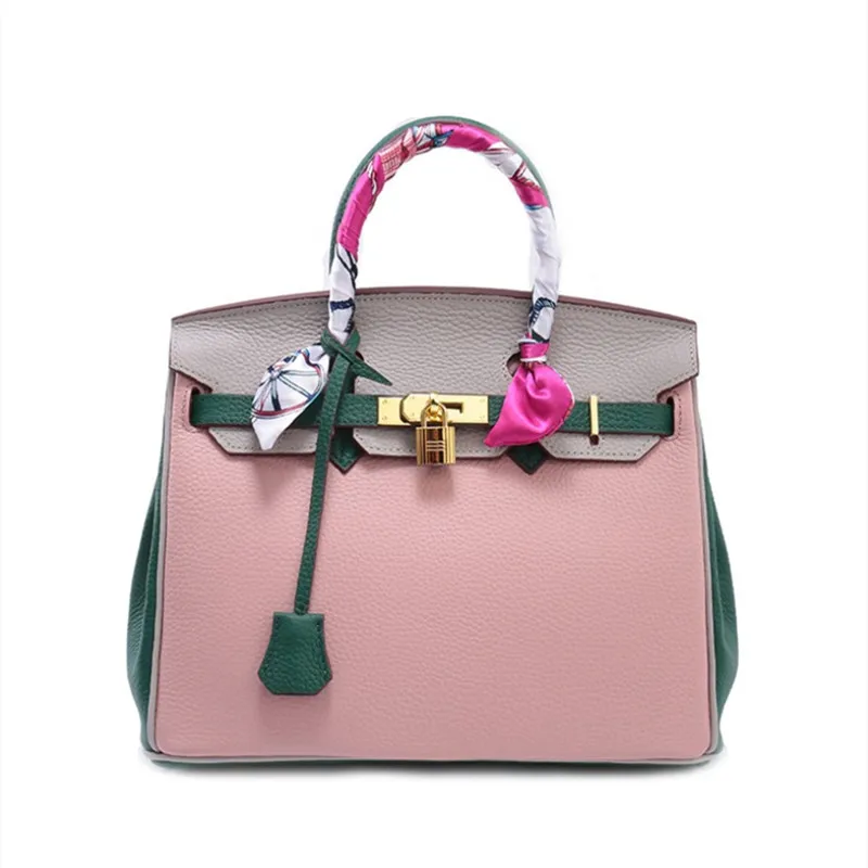 

2019 new leather ladies handbag top layer leather lychee pattern platinum bag Korean fashion color matching shoulder bag
