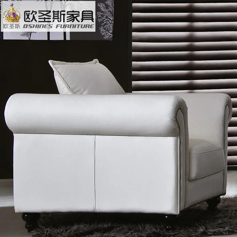 luxury classical american style pure white 8 seater office or home genuine leather sofa with fabric cushions and copper nail W86