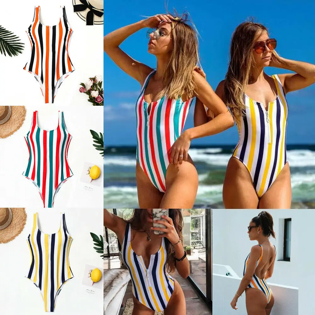 

2019 Women Striped Swimwear One Piece Swimsuit Sexy Backless Monokini Swimsuit Sport Bodysuit Beach Bathing Suit Swim