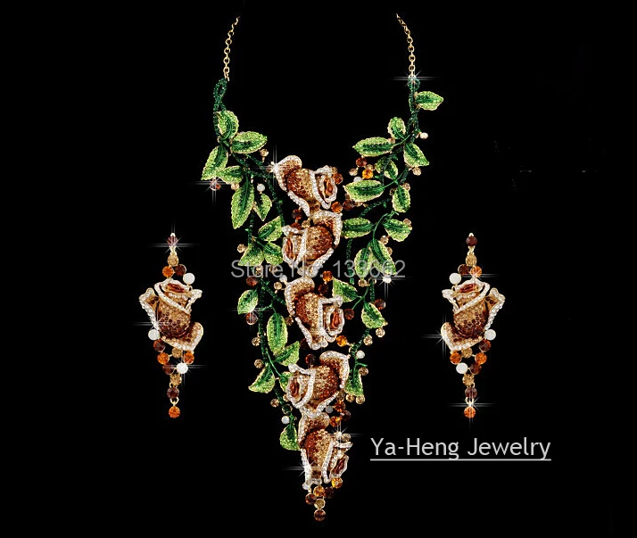 

Large Gorgeous Exaggeration Baroque Jewelry Sets Austrian Crystal ROSE flower style for party necklace earrings Free Shipping