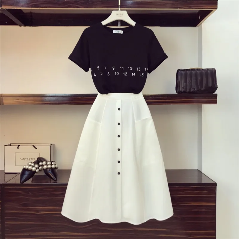 

2019 New Summer Women Letter Black T-Shirt+High Waist Single-breasted Button Skirts 2 piece Clothing Set
